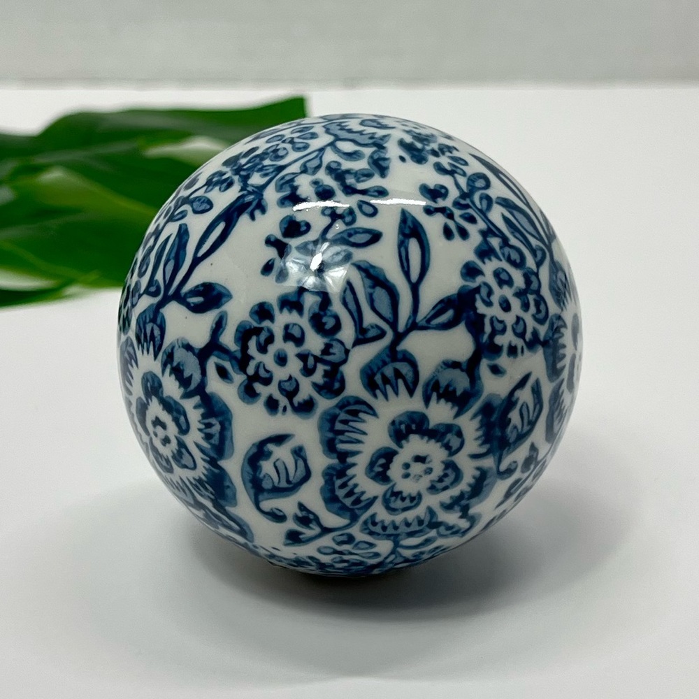 Navy White Floral Home Decor Ball Accent Piece Heritage Coffee Table office Desk